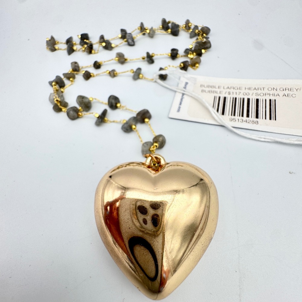 Large Bubble Heart Pendant Necklace‎ Gold Tone Grey Labradorite Stone